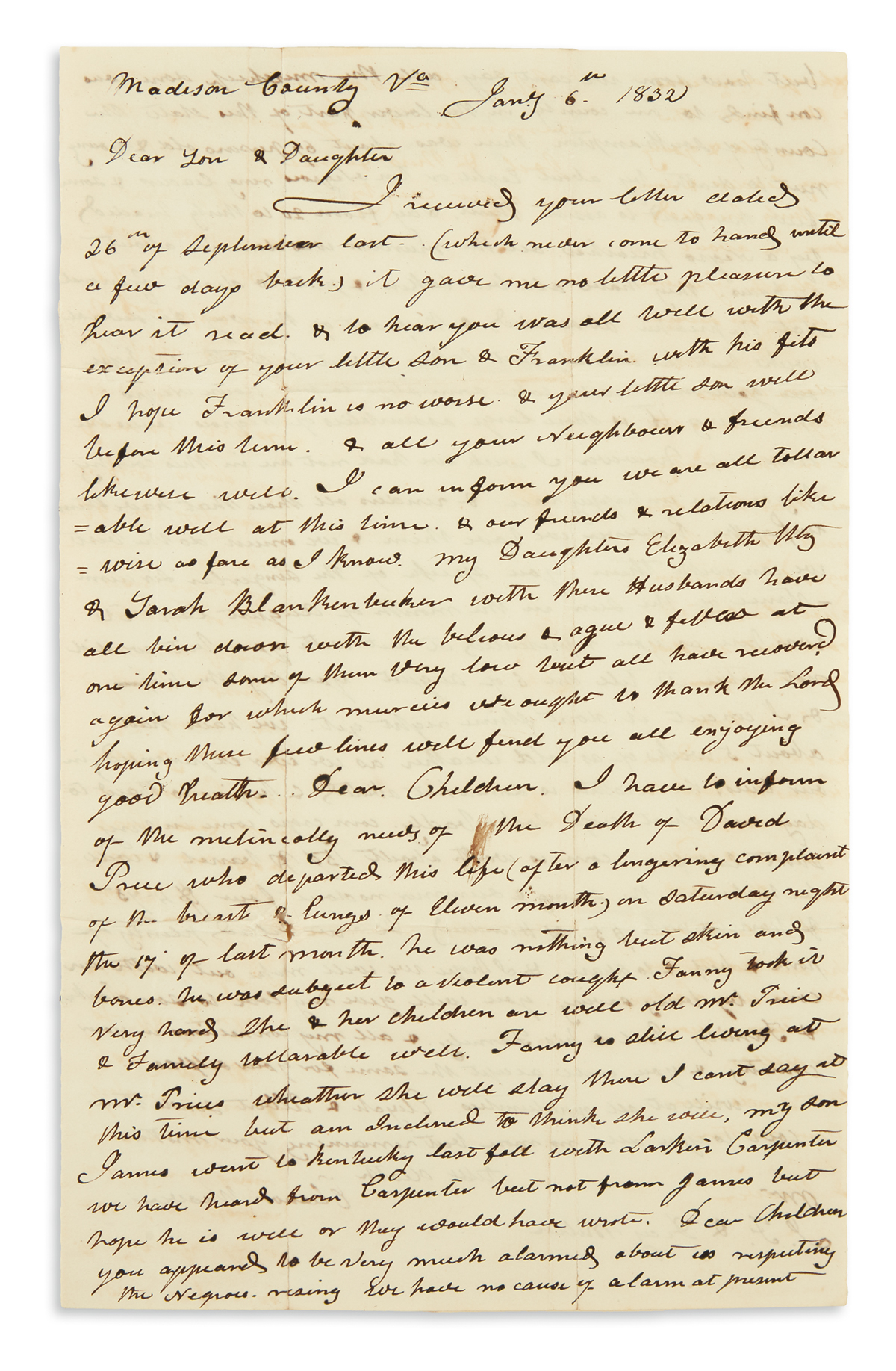 (SLAVERY AND ABOLITION.) Weaver, Eleanor. Letter containing news of Nat Turners Rebellion.